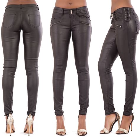 new womens leather look jeans sexy trousers ladies black slim fit size