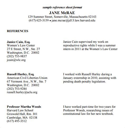 sample reference sheet templates   sample templates