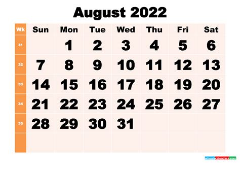 printable august  calendar template word