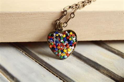 Antique Bronze Heart Necklace Multicolor Heart Pendant