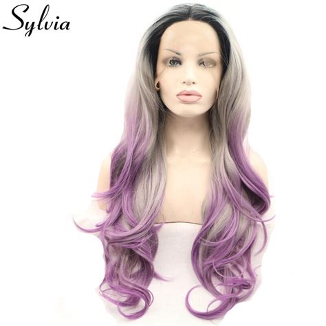 sylvia grey purple ombre natural wave synthetic lace front wigs with