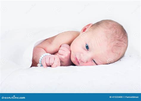 day  newborn baby  knitted white blanket stock photo image