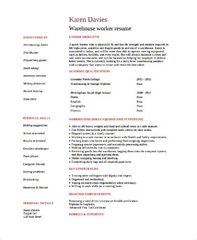 sample warehouse worker resume templates  ms word