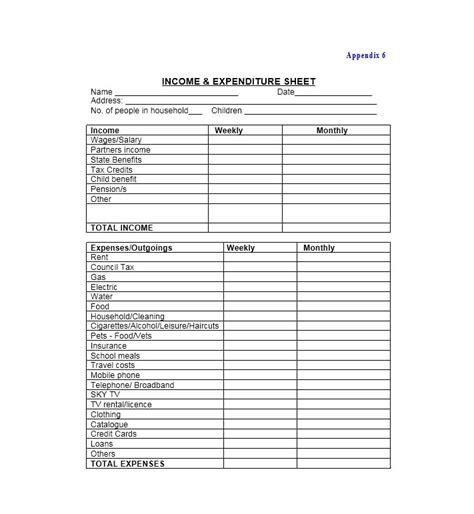 income  expense form printable tutoreorg master  documents