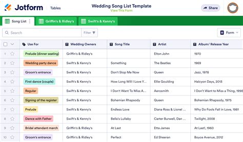 wedding song list template jotform tables