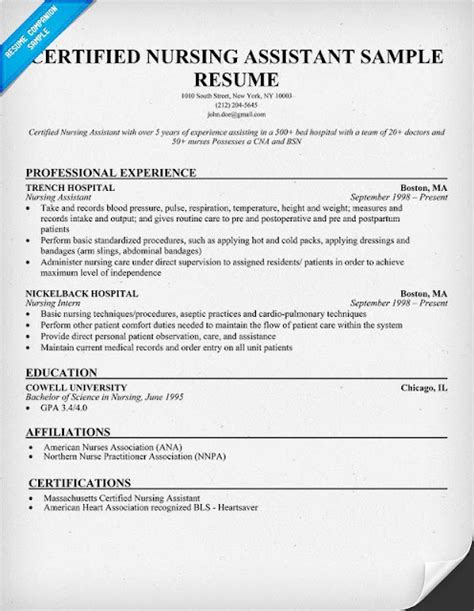 resume sample  nursing assistant sample resumes