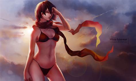 bikini clouds ecchi pantsu mikasa ackerman navel rainbow scarf shingeki no kyojin short hair sky