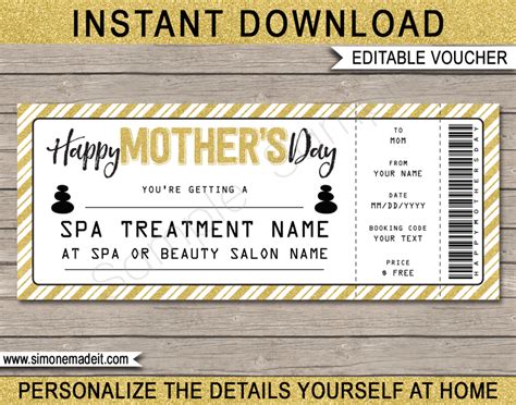 printable mothers day spa voucher template spa gift certificate  mom