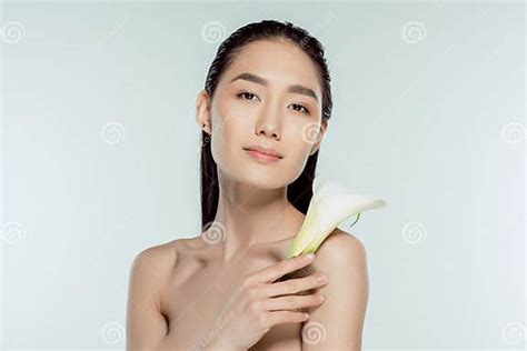 beautiful nude asian girl posing with calla flower stock image image
