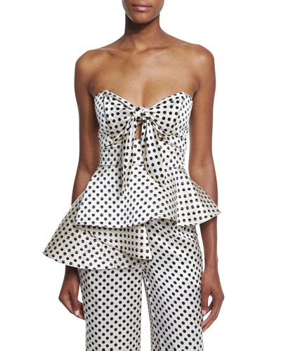 johanna ortiz strapless polka dot silk peplum top white