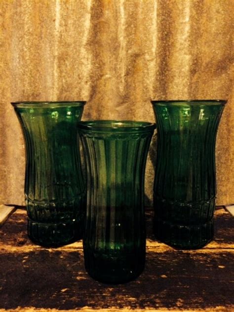 Vintage Dark Green Glass Vases 3 Set