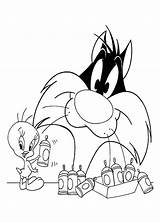 Tweety Sylvester Coloring Kids Bird Tunes Looney Mysteries sketch template