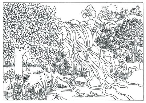 printable waterfall nature scene coloring page coloring  adults