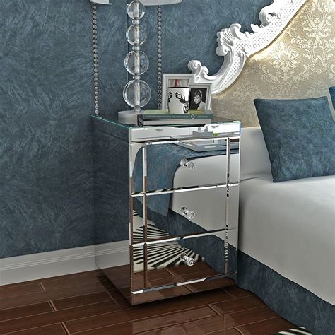 Yulie Mirrored Crystal Glass Bedside Table With 3 Drawers Storage