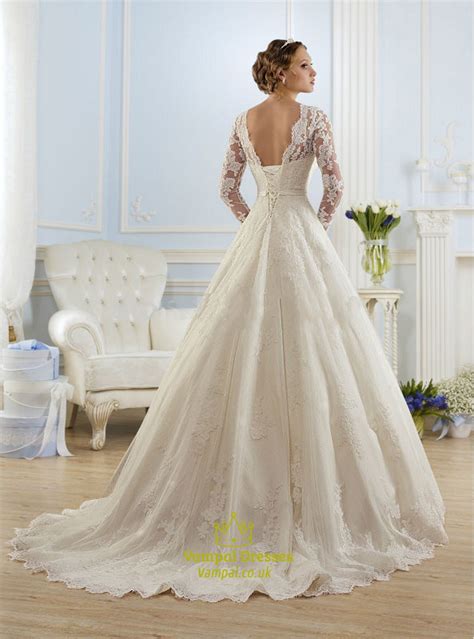 Illusion Long Sleeve Open Back Lace A Line Ball Gown Wedding Dress
