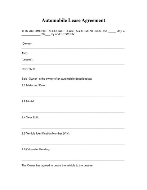 automobile lease agreement printable lease agreement