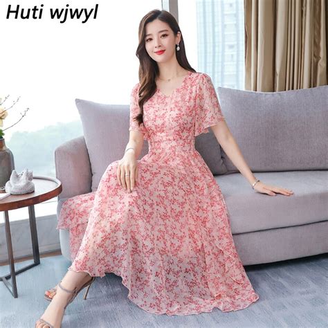2019 Elegant Pink Floral Chiffon Boho Dress Summer Vintage