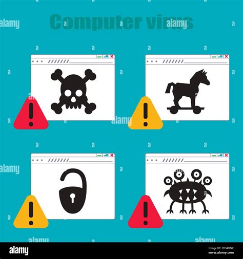 conjunto de iconos sobre el tema de los virus informáticos caballo de