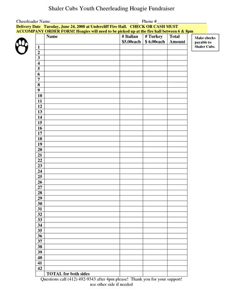 printable blank fundraiser order form template printable word searches