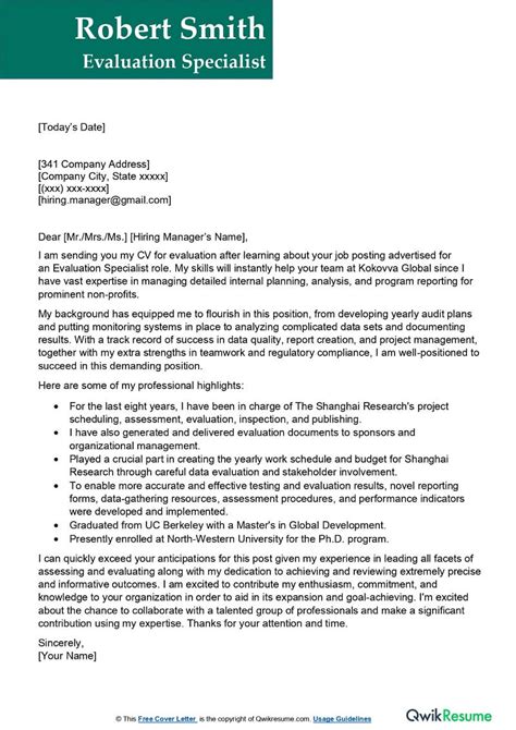 evaluation specialist cover letter examples qwikresume