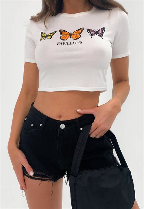 white butterfly graphic cropped t shirt missguided