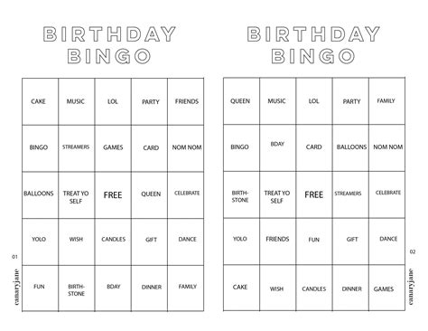 birthday bingo  printable canary jane