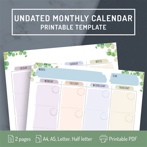 monthly printable calendar blank monthly calendar template etsy
