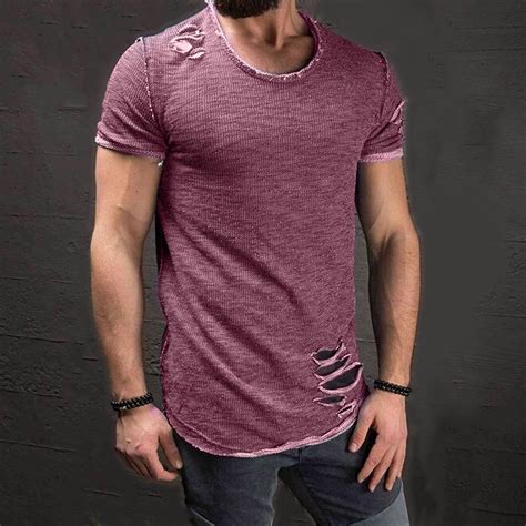Ripped Men Tee Shirt Slim Fit O Neck Short Sleeve Muscle