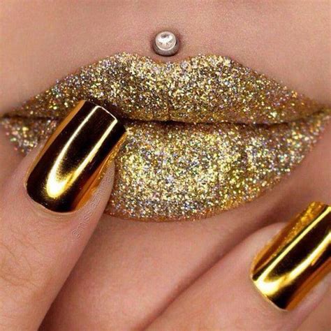 Aesthetic Cyber Glitter Gold Lip Art Lips Metallic Nails Gold
