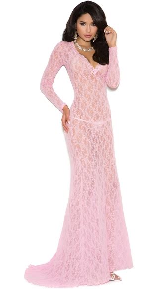 Elegant Long Sleeve Lacy Gown Floor Length Nightgown Sexy Sheer Nightie