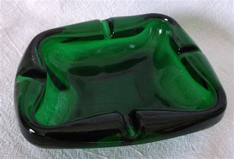vintage green glass ashtray juniper forest emerald free form stretched