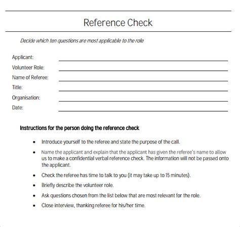 sample reference check templates   ms word excel