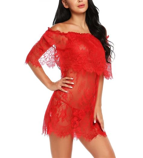 Women Sexy Lace Chemise Kimono Smock Off Shoulder Robe Lingerie Sheer