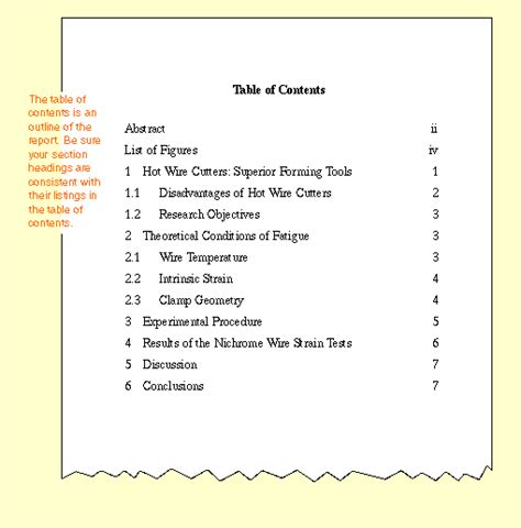 table  contents research paper mla