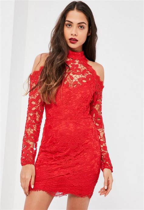 red lace cold shoulder bodycon dress missguided ireland