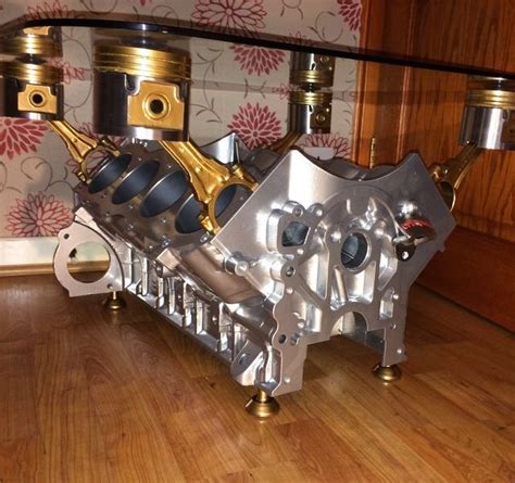 chrome  gold  engine coffee table side table  wine rack engine block table automotive