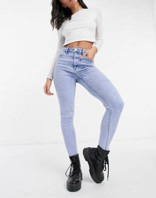 bershka skinny jeans met hoge taille en distressed details  lichtblauw asos