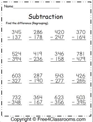 regrouping subtraction printable worksheets