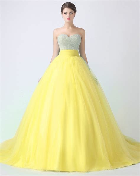 real model yellow prom dresses ball gown sweetheart chapel train tulle