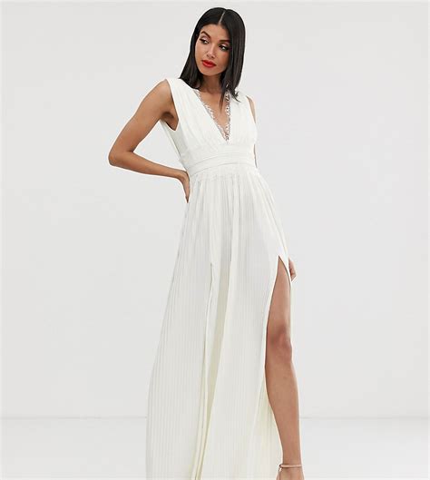 asos design tall premium geplooide lange jurk met kanten inzetstuk wit tall fashion