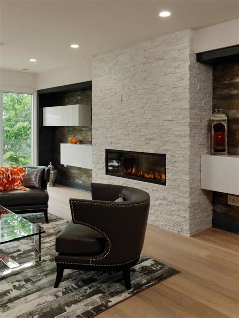 modern living room  white brick fireplace hgtv