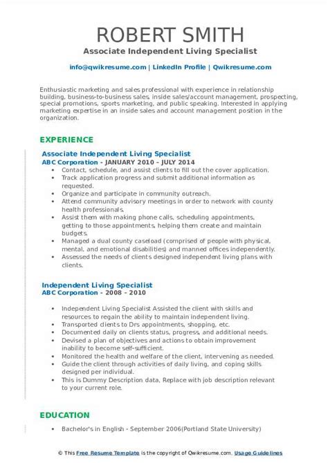 Independent Living Specialist Resume Samples Qwikresume
