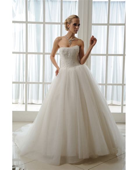 Ball Gown Strapless Cathedral Train Tulle Wedding Dress