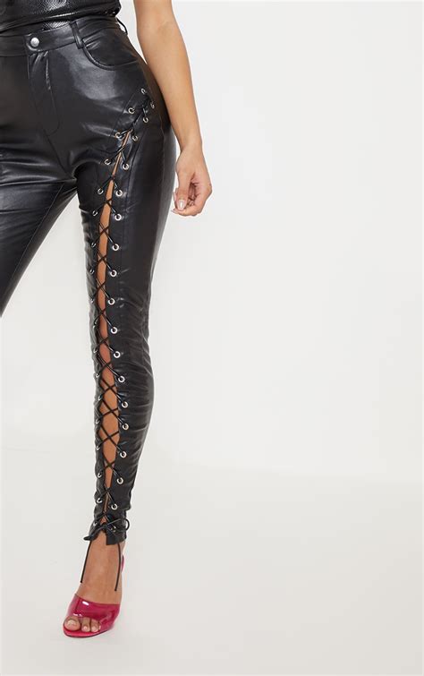 black extreme lace up skinny pants prettylittlething usa