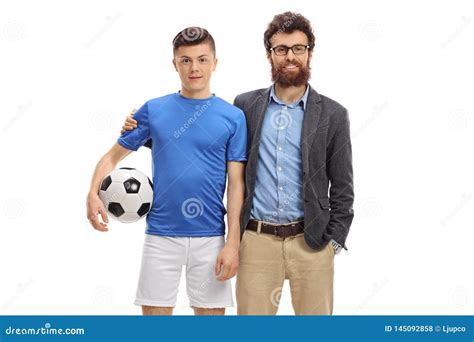 teenage soccer player   father posing stock photo image  people isolated