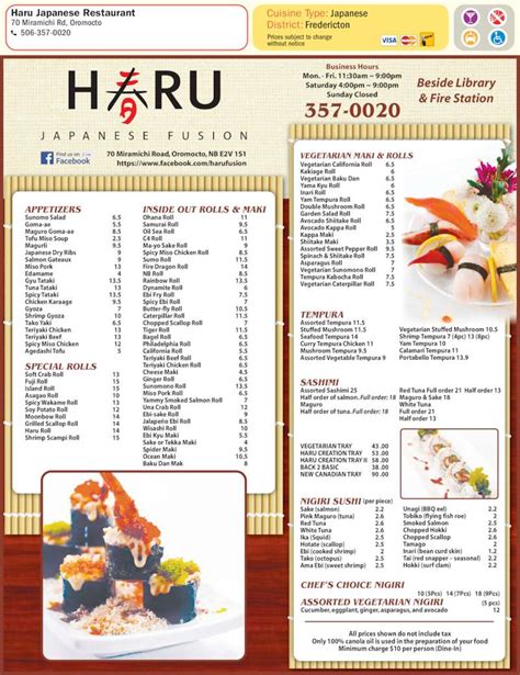 Haru Japanese Restaurant Menu Hours And Prices 70 Miramichi Rd