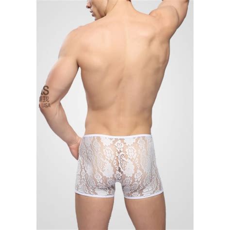 Male Sexy Lingerie Lace Shorts Boxer White Black Men Sheer