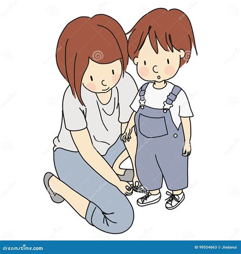 vector illustration  mother helping cute  child tie shoelaces