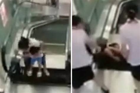 cctv video captures the moment woman is swallowed up by escalator