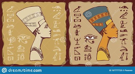 Tiles With Egyptian Queen Nefertiti And Hieroglyphs Stock